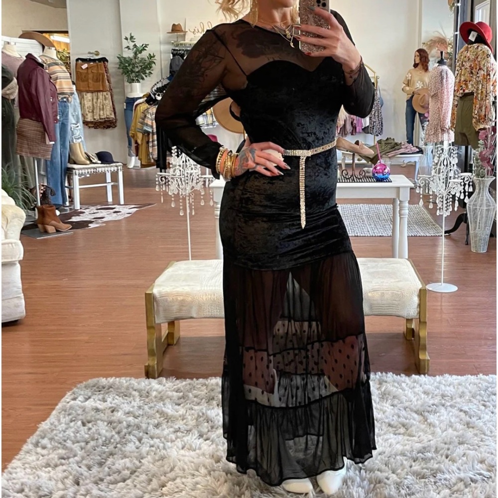 SOLD NWT size M Gorgeous Black solid mesh maxi dress featuring velvet body